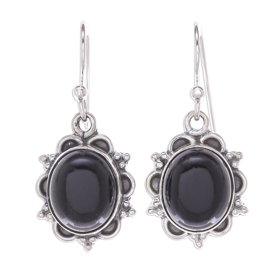 Black Onyx Cabochon Sterling Silver Dangle Earrings
