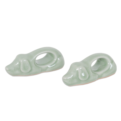 Dog-Themed Green Celadon Ceramic Napkin Rings (Pair)