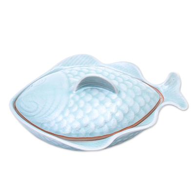 Aqua Celadon Ceramic Fish-Shaped Lidded Bowl