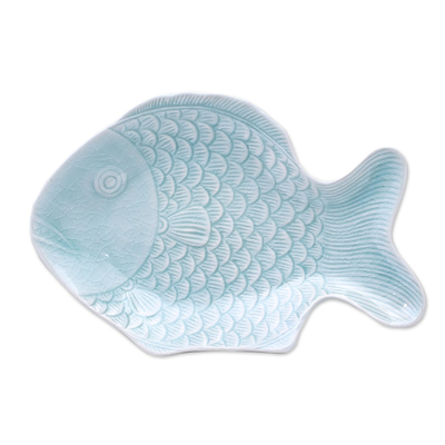 Aqua Celadon Ceramic Fish Serving Plate