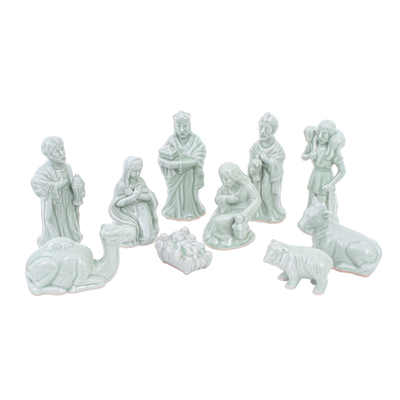 Green Celadon Ceramic 10-Piece Nativity Scene