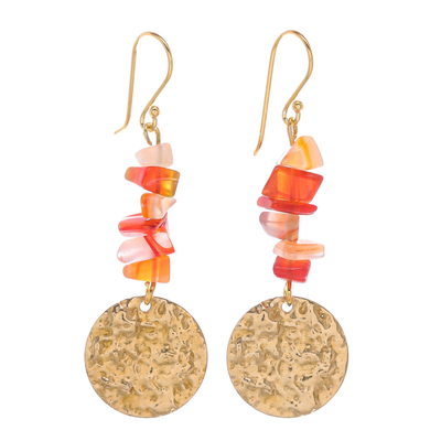 Natural Carnelian Chip and Brass Coin Dangle Earrings