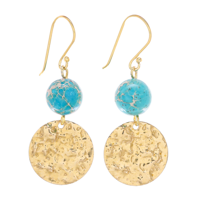 Reconstituted Turquoise Bead and Brass Coin Dangle Earrings