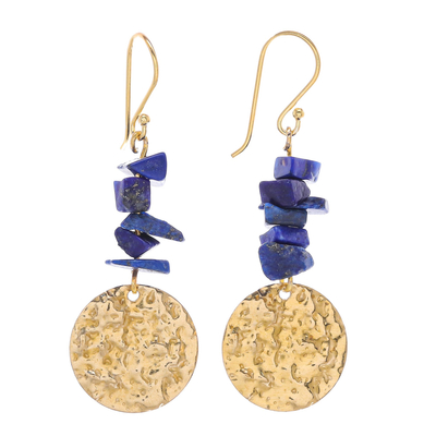 Handmade Lapis Lazuli Chip and Brass Coin Dangle Earrings