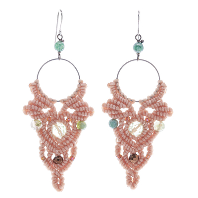 Beige Macrame Cord Dangle Earrings with Agate Beads