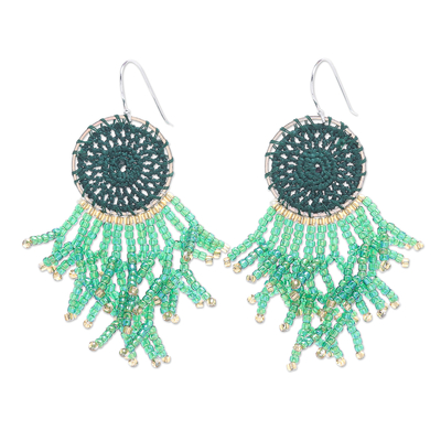 Crocheted Dreamcatcher Earrings with Green Glass Beads
