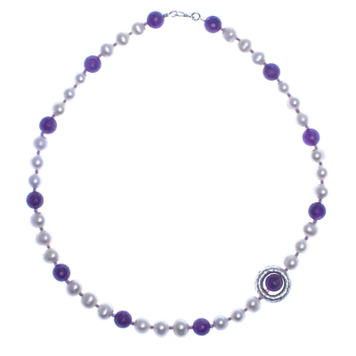 Cultured Pearl and Amethyst Bead Pendant Necklace