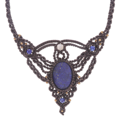 Hand Made Lapis Lazuli and Quartz Macrame Pendant Necklace