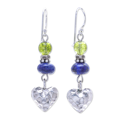 Quartz and Lapis Lazuli Heart-Themed Dangle Earrings