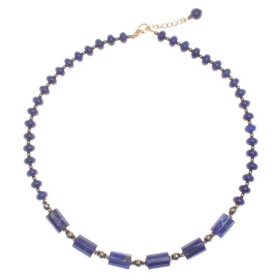 Gold-Plated Lapis Lazuli and Hematite Pendant Necklace
