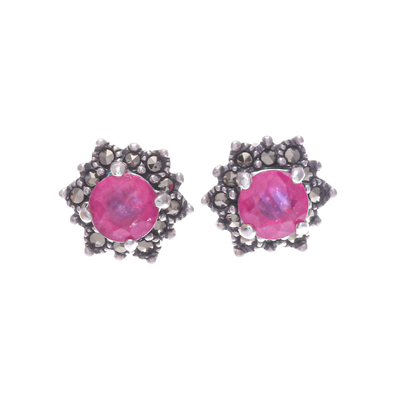 Artisan Crafted Ruby and Marcasite Stud Earrings