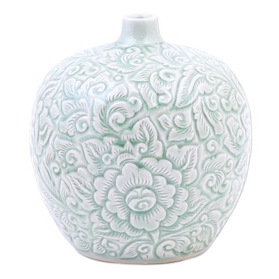 Hand Made Celadon Ceramic Floral-Themed Vase