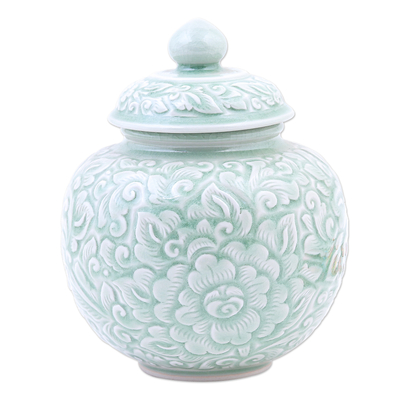 Hand Crafted Celadon Ceramic Floral-Themed Jar
