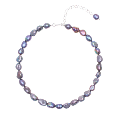 Blue Cultured Pearl and Sterling Silver Choker Necklace