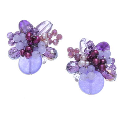 Amethyst and Cultured Pearl Cluster Clip-On Earrings
