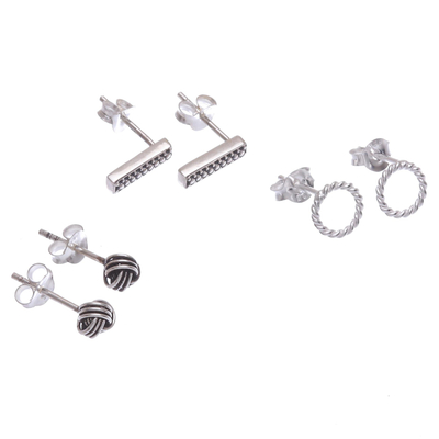 Handcrafted Sterling Silver Stud Earrings (Set of 3)