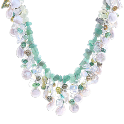 Rainbow Moonstone and Cultured Pearl Waterfall Necklace