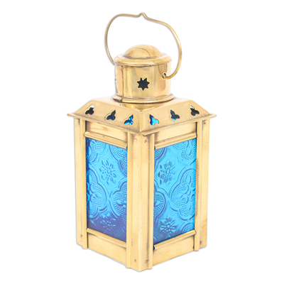 Blue Pressed Glass and Brass Tealight Holder