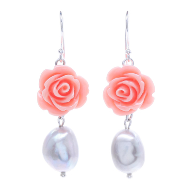 Cultured Pearl and Sterling Silver Rose Earrings
