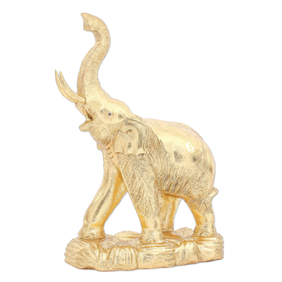 Thai Gold Foil and Wood Elephant Sculpture