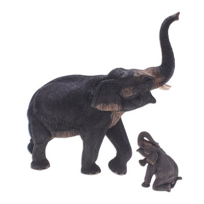 Hand Carved Teak Wood Elephant Sculptures (Pair)