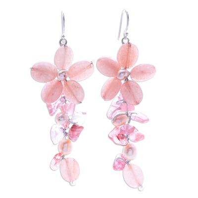 Pink Quartz and Cultured Pearl Floral Earrings