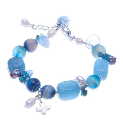 Aquamarine and Cultured Pearl Beaded Charm Bracelet