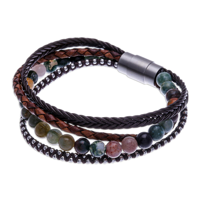 Unisex Agate and Leather Beaded Bracelet