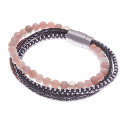 Handmade Leather and Moonstone Beaded Bracelet