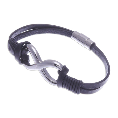 Black Leather Unisex Pendant Bracelet