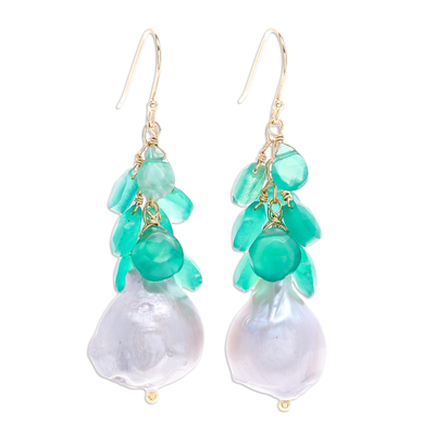 Gold-Accented Chalcedony and Pearl Dangle Earrings