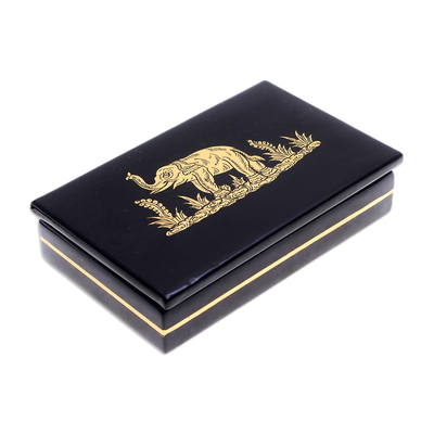 Gold-Accented Elephant-Motif Lacquerware Box