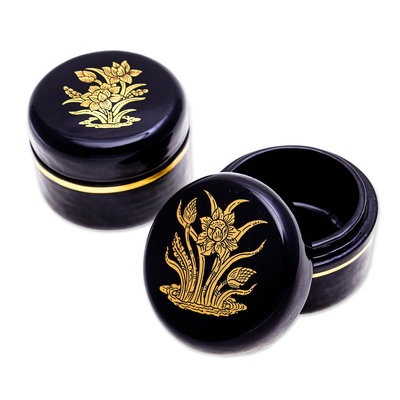 Gold-Accented Lotus-Themed Lacquerware Boxes (Pair)