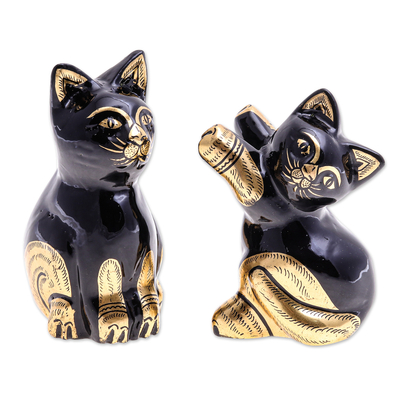 Gold-Accented Cat Sculptures from Thailand (Pair)