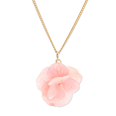 Gold-Plated Pink Hydrangea Petal Pendant Necklace