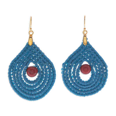 Jasper and Blue Macrame Dangle Earrings with Gold Hooks