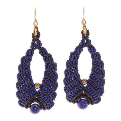 Blue and Black Macrame Dangle Earrings with Lapis Lazuli