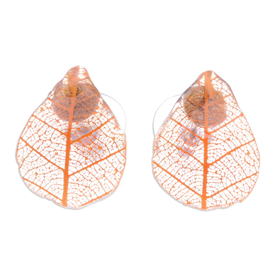 Orange Rubber Tree Leaf Button Earrings from Thailand