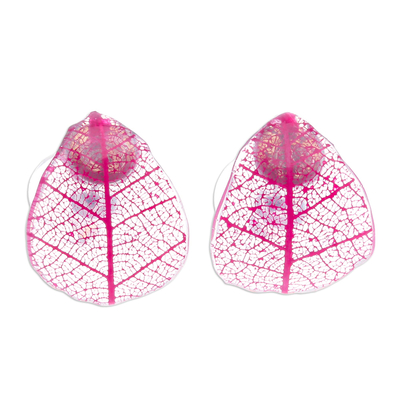 Pink Rubber Tree Leaf Button Earrings from Thailand