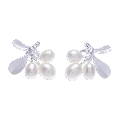 Cultured Pearl Drop Earrings with Leaf Motif