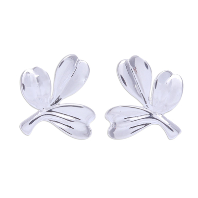 Thai Sterling Silver Button Earrings with Leaf Motif
