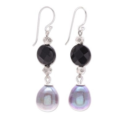 Thai Onyx and Cultured Pearl Dangle Earrings