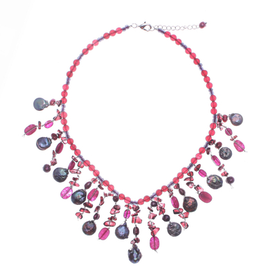 Thai Cultured Pearl and Garnet Waterfall Necklace