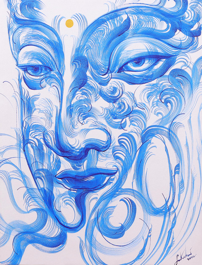 Original Thai Painting of Buddha in Blue on White