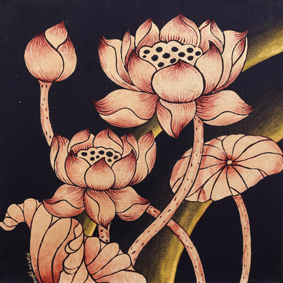 Signed Folk Art Painting of Thai Golden Lotus Blossoms