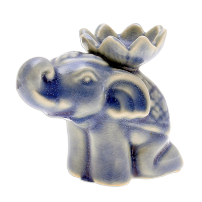 Blue Ceramic Elephant Incense Holder with Lotus Flower