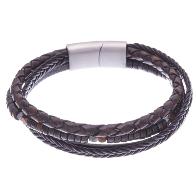 Leather Hematite and Bronzite Cord Bracelet from Thailand