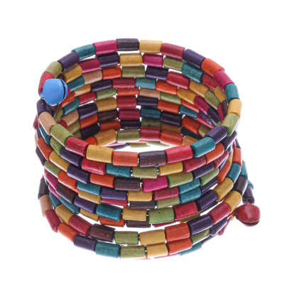 Multicolor Wood Cylinder Beaded Wrap Bracelet with Bells (2