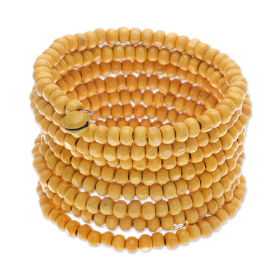 Wide Yellow Beaded Wood Wrap Bracelet with Bells (2.5 In)