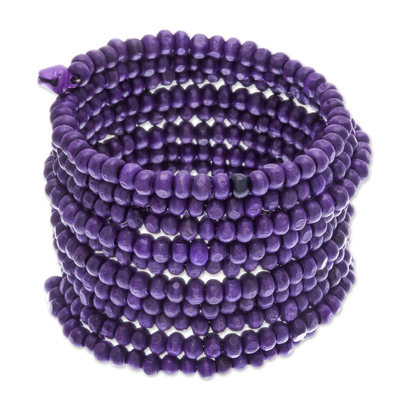 Wide Purple Beaded Wood Wrap Bracelet with Bells (2.5 In)